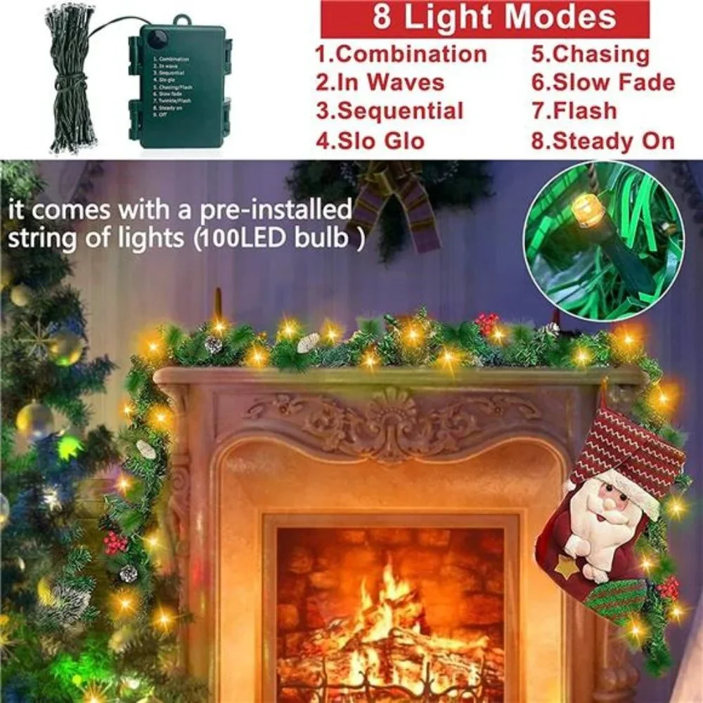 9 Ft 100 LED Prelit Christmas Garland Decoration 198 Red Berries